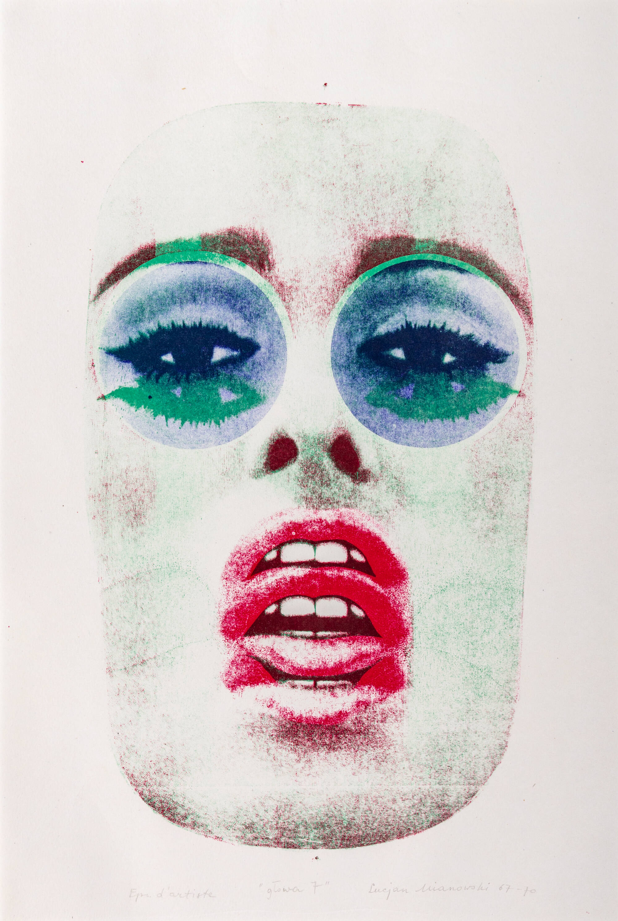 Image of female face, in a 70's mod style, with multiple eyes and lips.